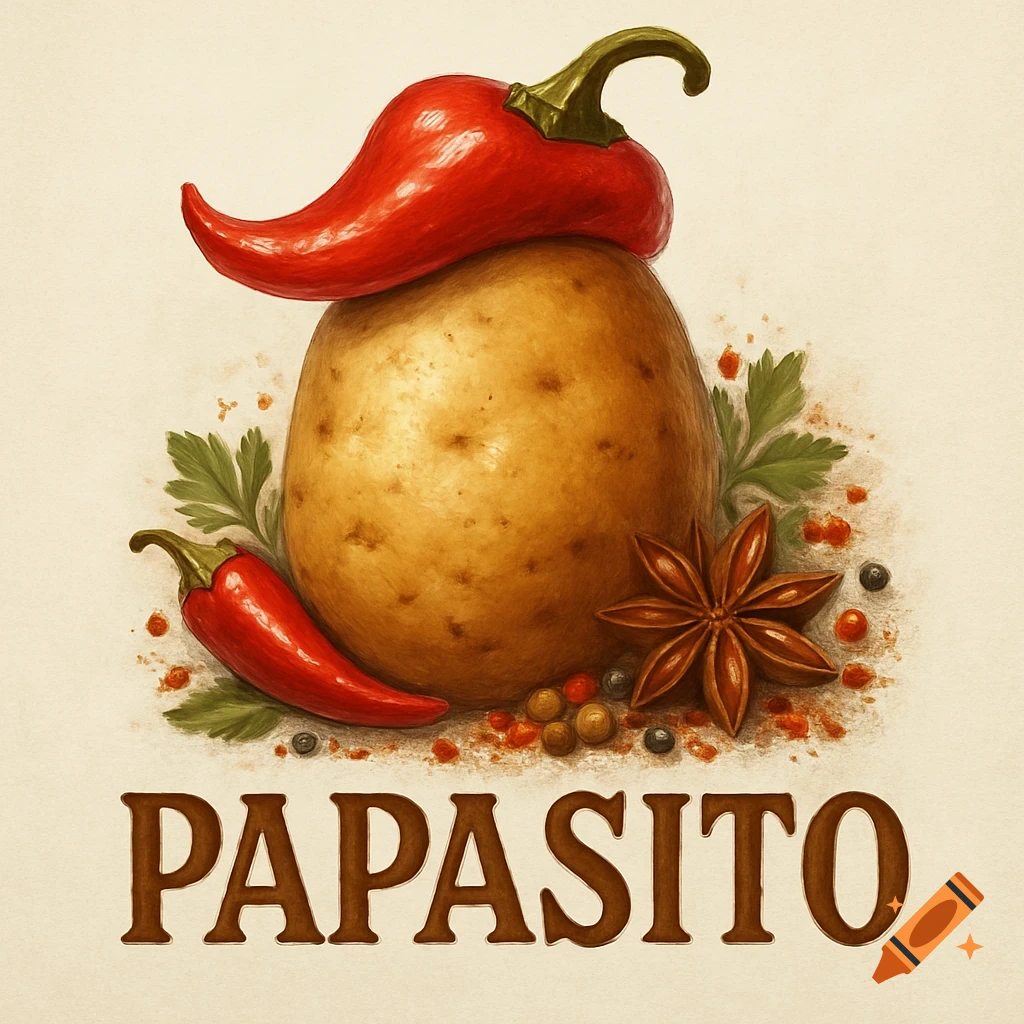 Realistic logo of a potato topped with a red chili pepper, with another chili, star anise, and various spices, featuring 'PAPASITO' text.