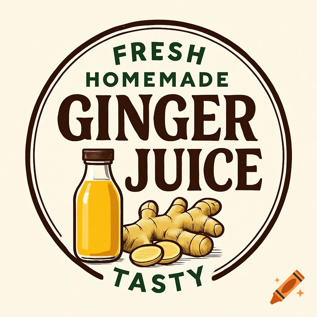 An illustrated label for homemade ginger juice, featuring a bottle of juice and ginger roots with slices, within a circular frame with text.