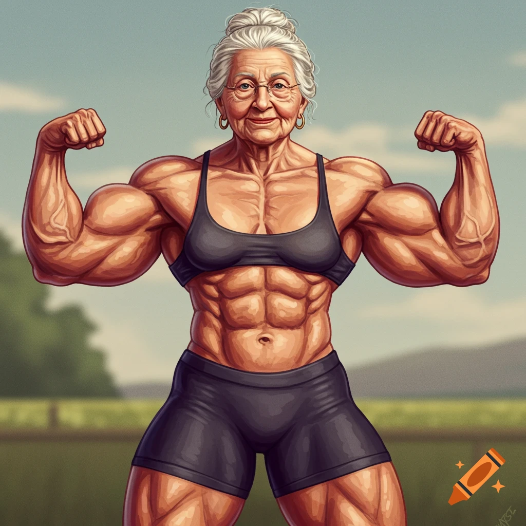 Illustrative portrait of an elderly woman with a highly muscular physique, flexing her biceps outdoors.