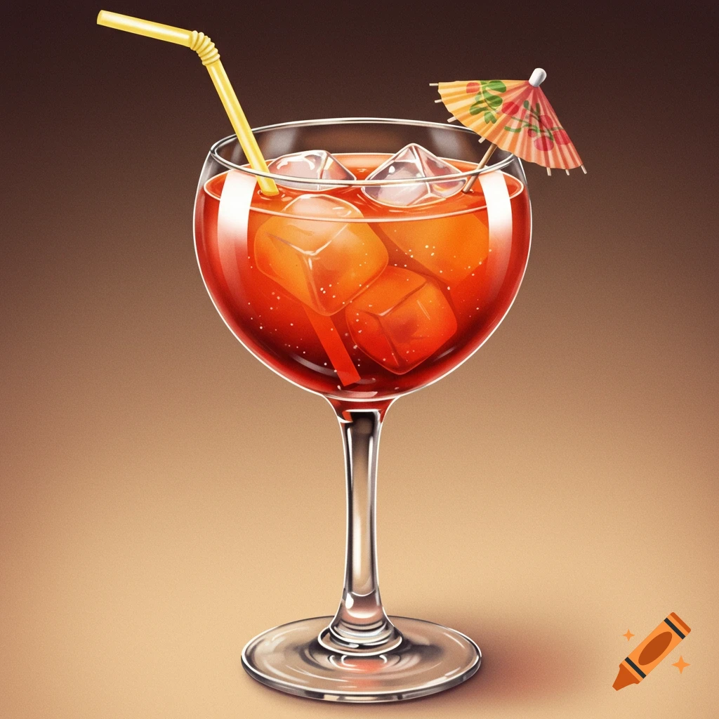 A vibrant red cocktail in a stemmed glass with ice cubes, a yellow straw, and a small decorative umbrella.