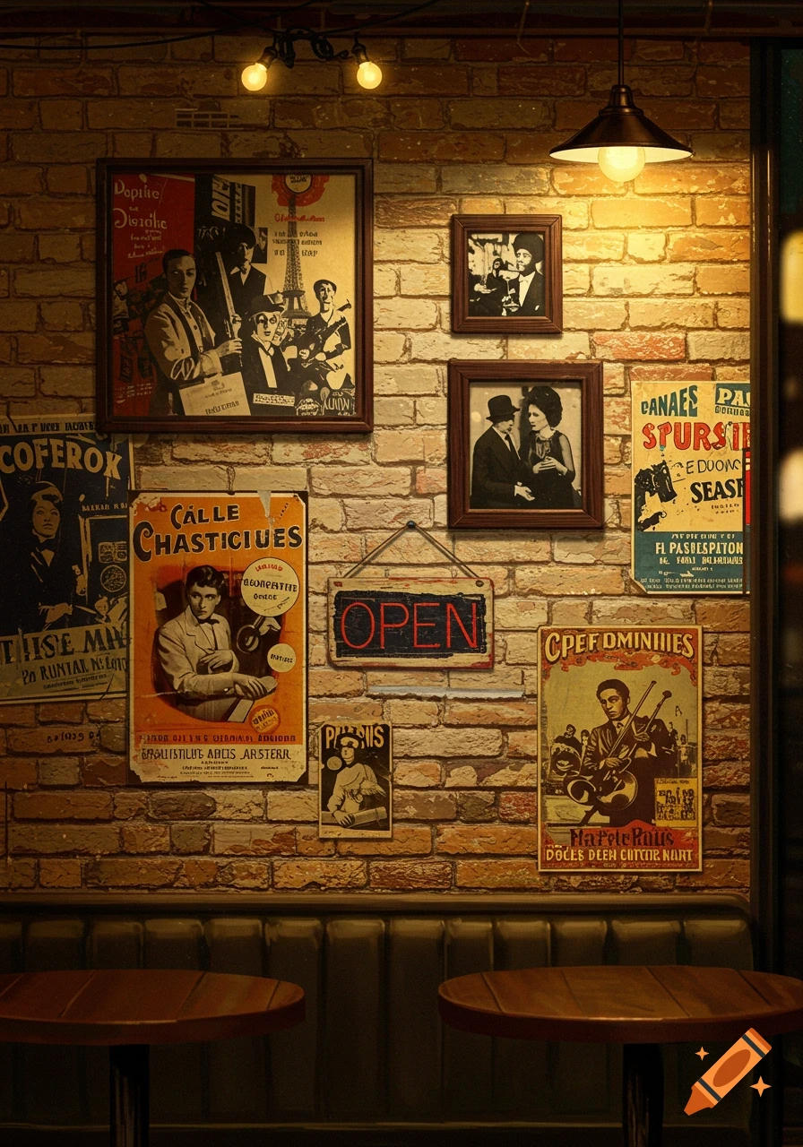 A warmly lit brick wall inside a cafe, adorned with vintage posters and framed black and white photographs, above two wooden tables.