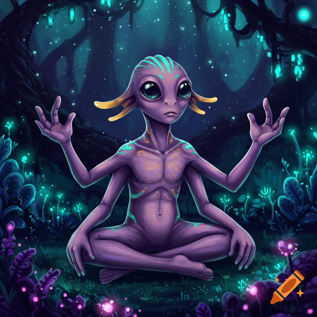 A purple alien with large eyes and multiple arms sits meditatively in a glowing bioluminescent forest.