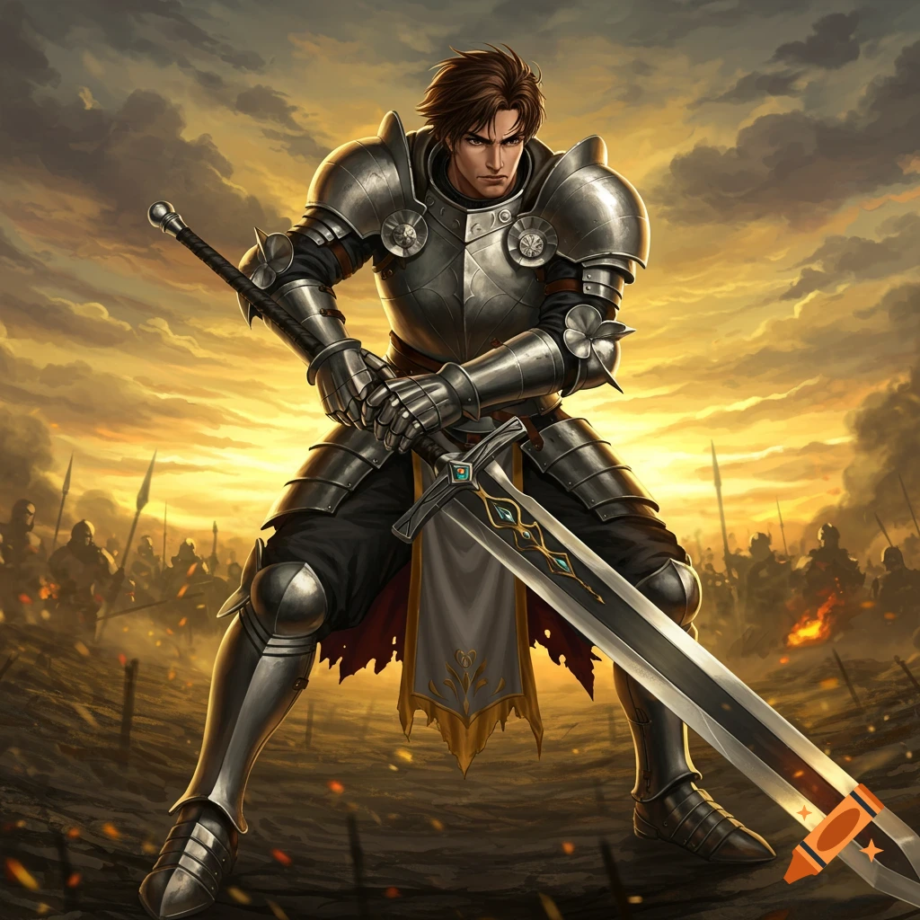 A knight in shiny silver armor holds a large sword, standing heroically on a battlefield at sunset in an anime art style.