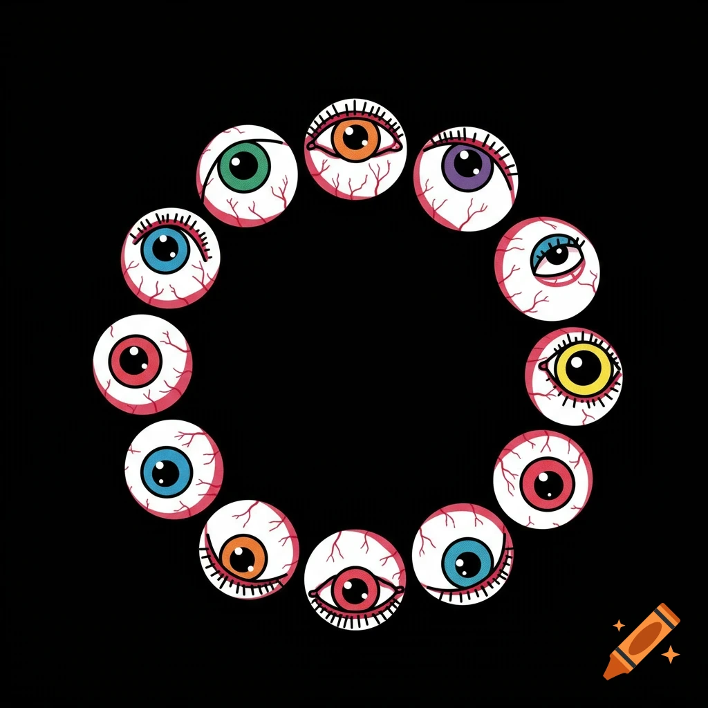 A geometric ring of 11 colorful, stylized eyeballs on a black background.