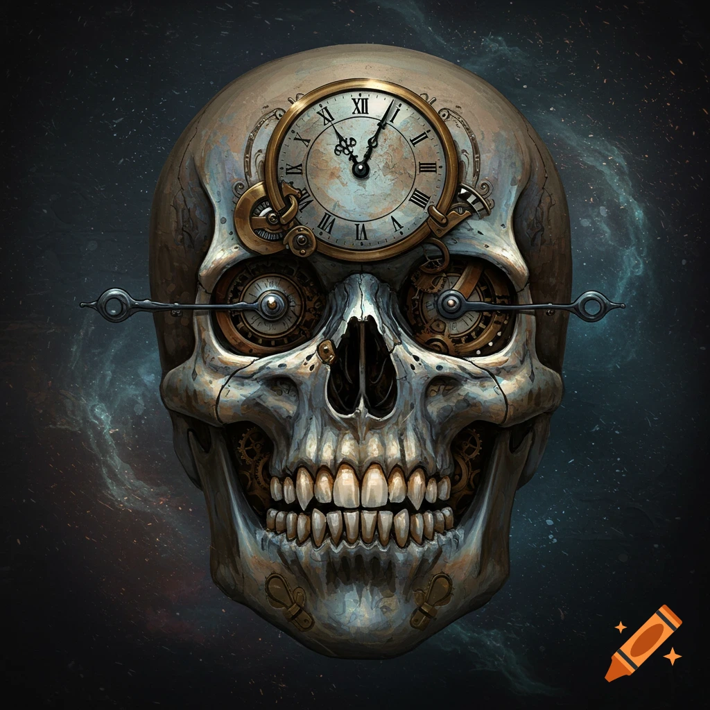 A detailed steampunk skull with a large clock embedded in its forehead and gears for eyes, against a dark, cosmic background.