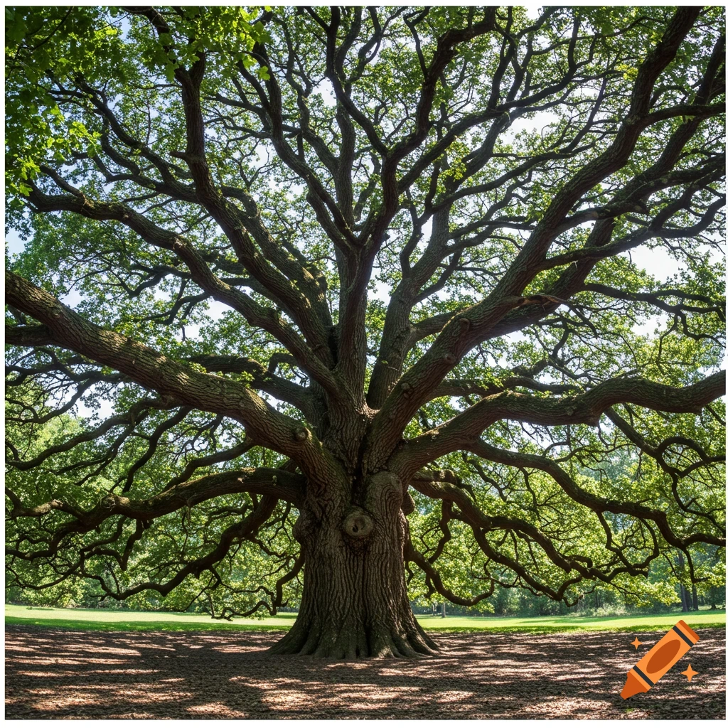 A majestic old oak tree with a thick trunk and sprawling branches, set in a grassy park under a bright sky.