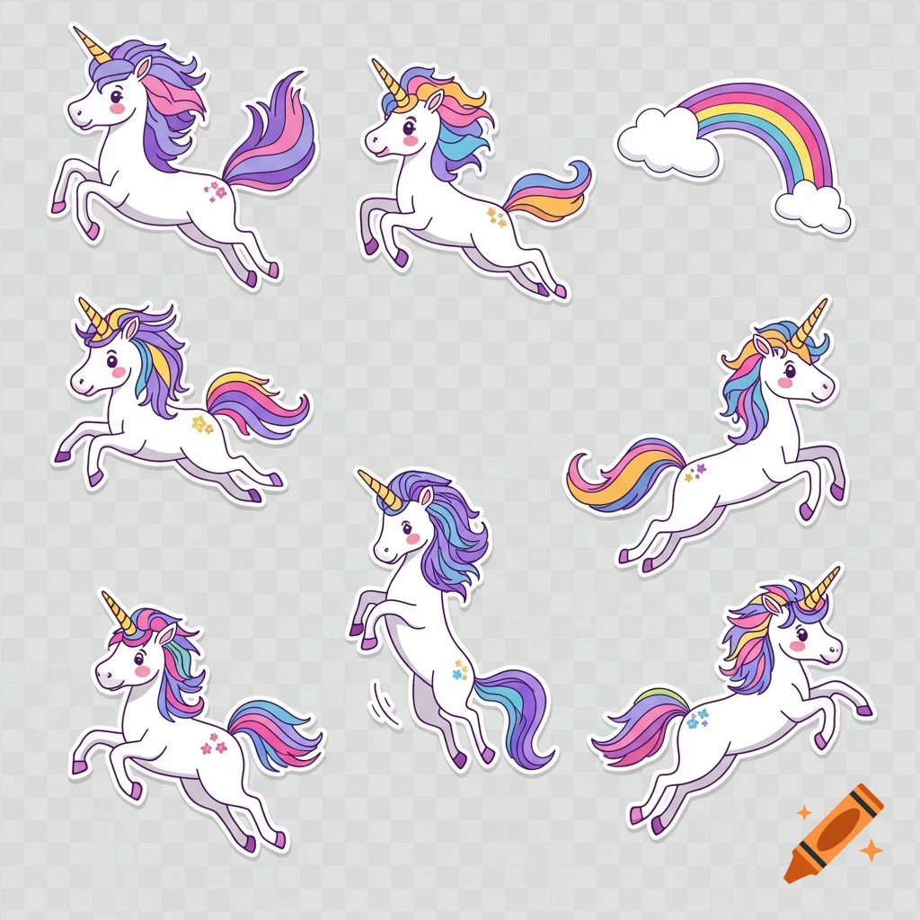 A set of cartoon unicorn stickers with rainbow manes and tails, jumping and prancing, along with a rainbow on a transparent background.