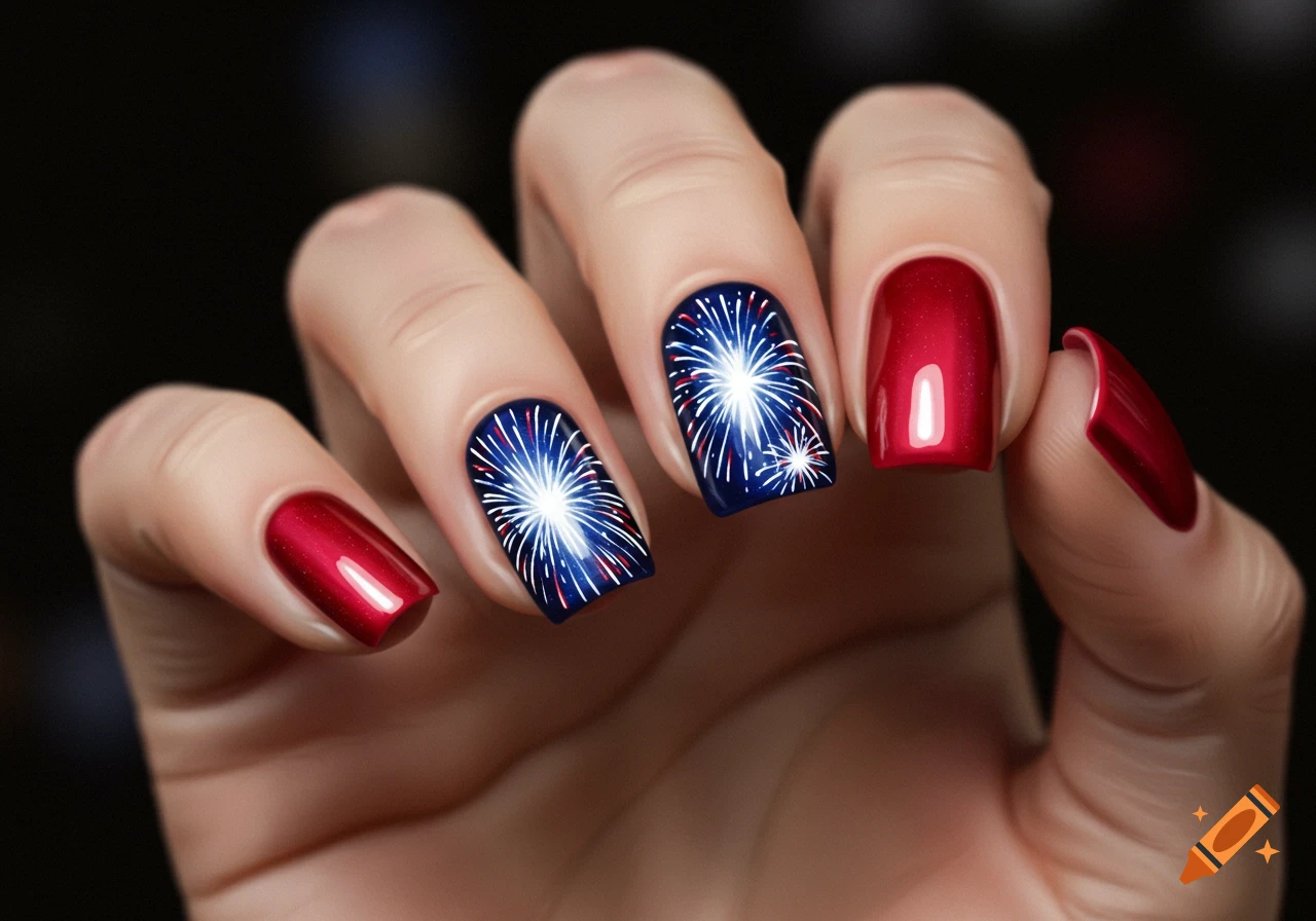 A hand with patriotic nail art, featuring blue nails with white and red fireworks on the ring and middle fingers, and solid red nails on the others.