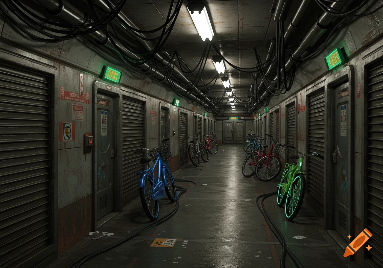 A photorealistic industrial underground corridor with exposed pipes, glowing green signs, and several bicycles parked along the walls.
