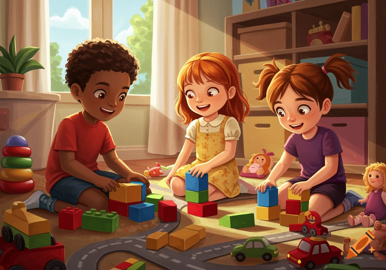 Three diverse children happily play with colorful building blocks and toy cars on the floor of a sunlit room in an illustrative style.