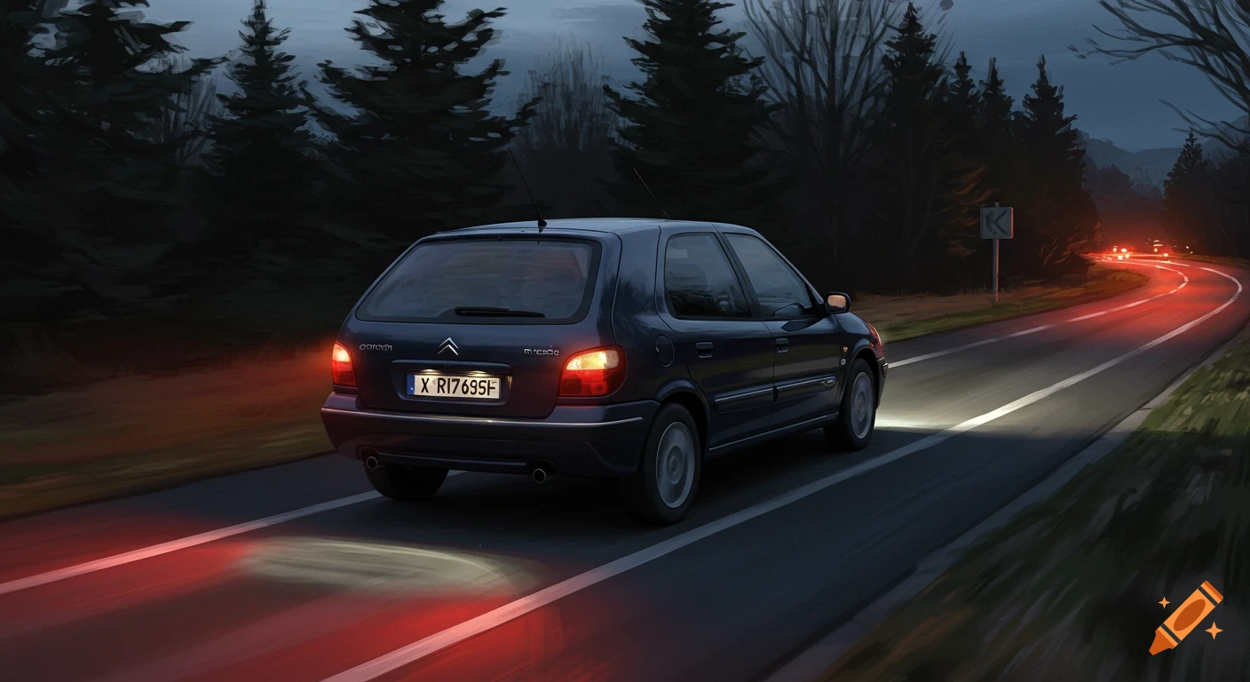 Dark blue car driving on a winding road at night, taillights and headlights illuminate the path through dark trees.