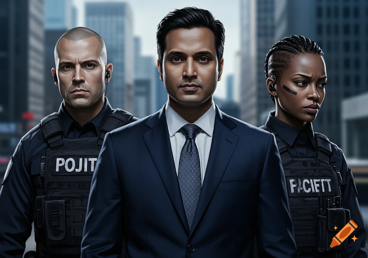 Three security personnel, two in tactical vests and one in a suit, stand in an urban setting. Photorealistic style.