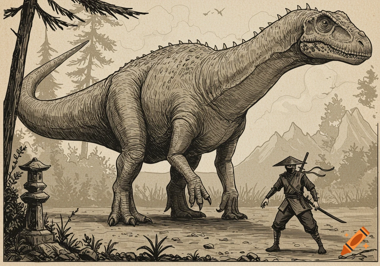 A large dinosaur faces a ninja in a landscape with mountains and trees, rendered in the style of an old sepia engraving.