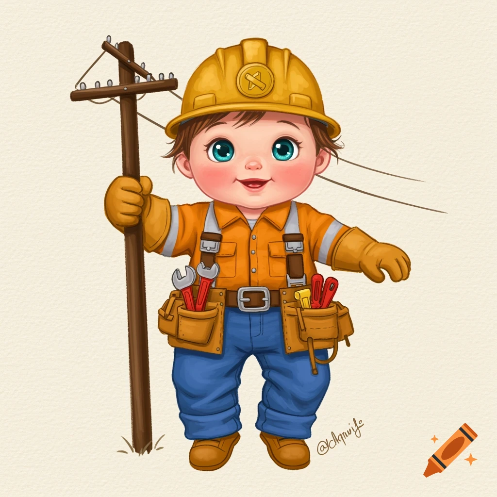 A cute cartoon baby dressed as a lineman, wearing a hard hat, orange uniform, and tool belt, holding a utility pole.