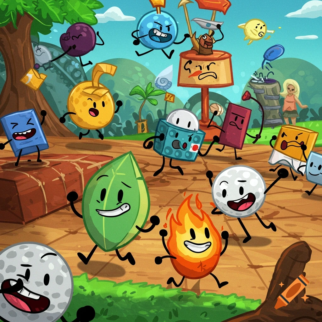 A vibrant cartoon scene with many anthropomorphic objects like a leaf, golf balls, and a flame, all running with various expressions in an outdoor setting.