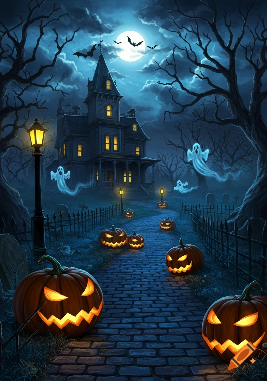 A spooky haunted mansion stands under a full moon with bats flying, while jack-o'-lanterns line a brick path and ghosts float among bare trees in a misty blue night.