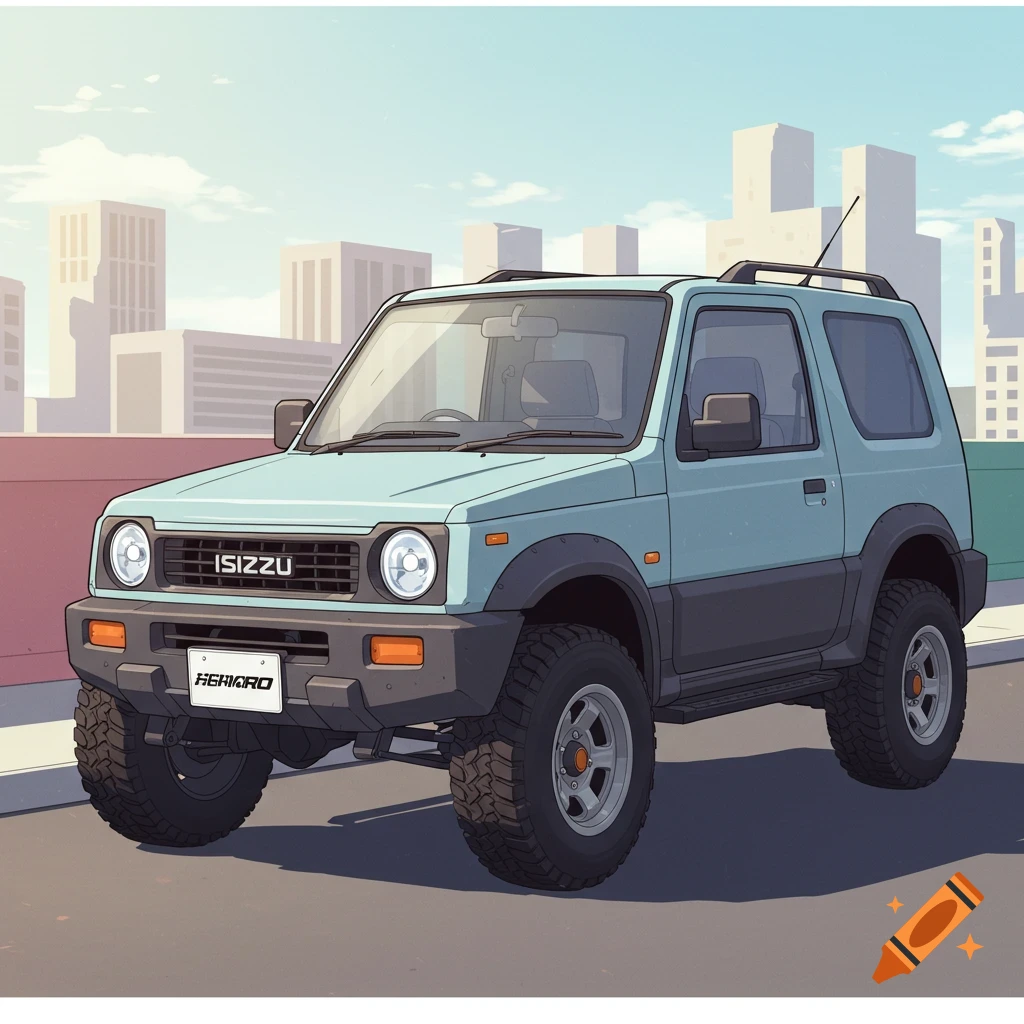 Cartoon-style light blue 4WD vehicle with dark gray trim on a city street under a blue sky with clouds and buildings.