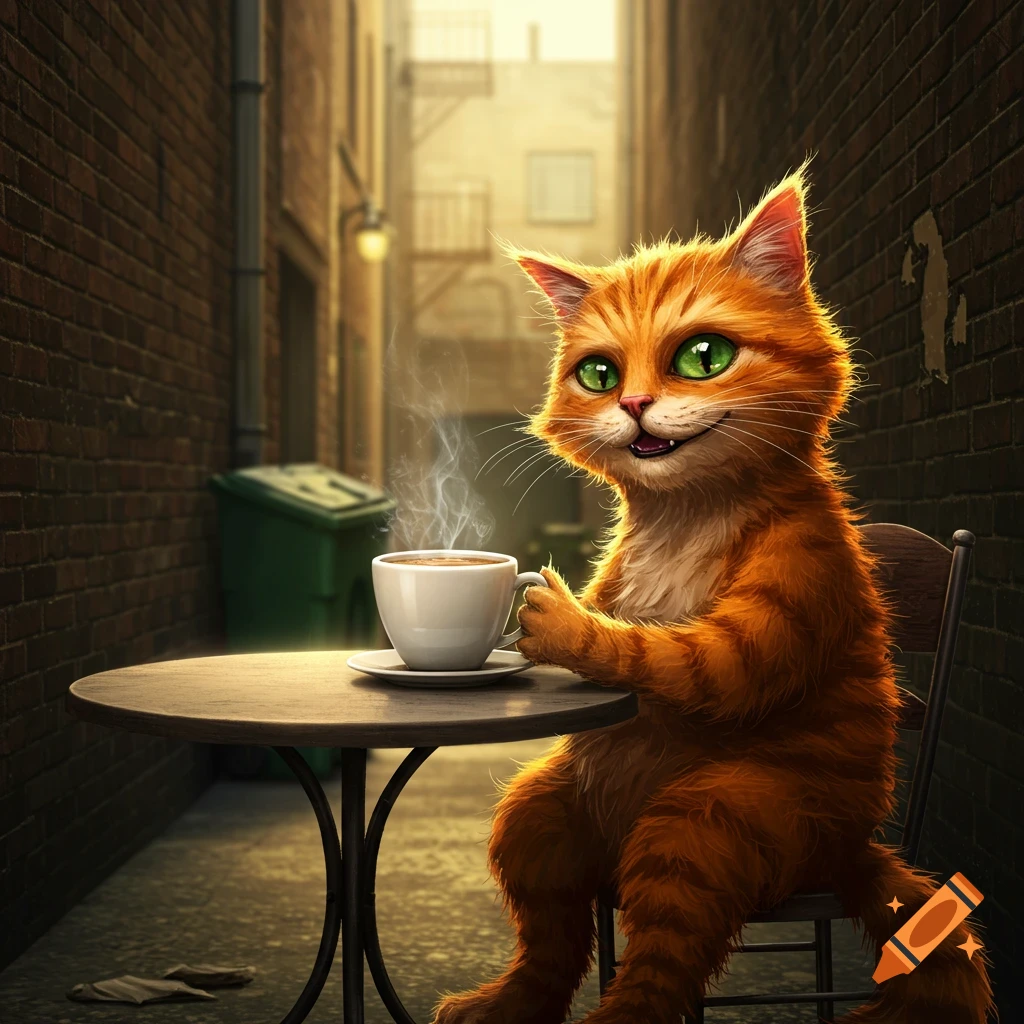 A cute, furry orange cat with big green eyes sits at an outdoor cafe table in an alleyway, drinking from a steaming cup of coffee.