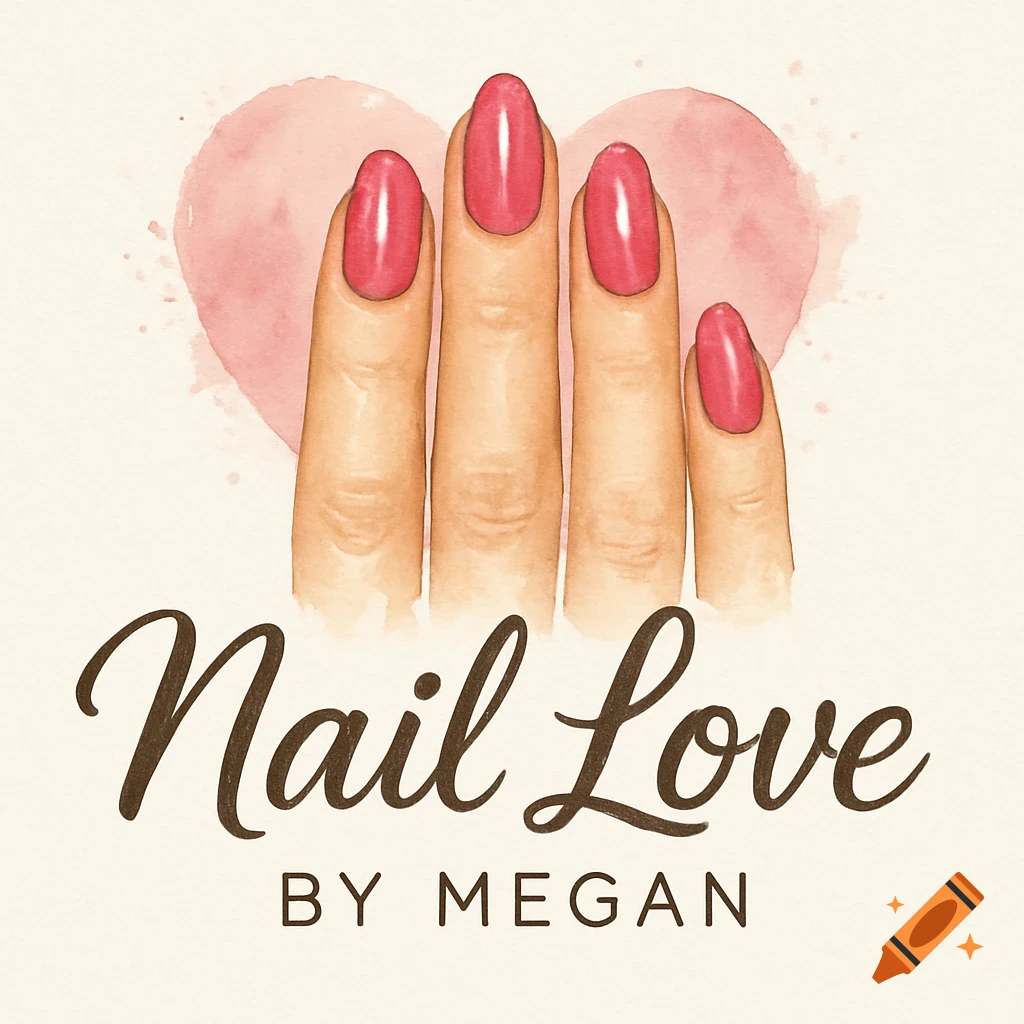 Watercolor logo with a hand showing pink manicured nails above the text 'Nail Love BY MEGAN' and a pink heart.