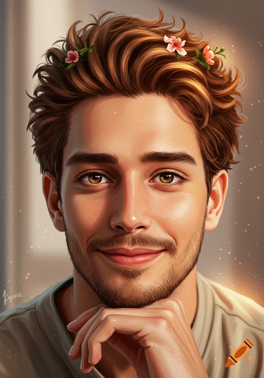 Close-up digital painting of a handsome man with brown hair and a light beard, smiling gently, with small pink flowers in his hair.