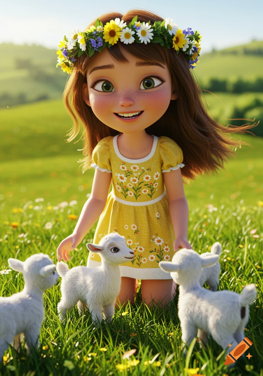 A cute animated girl with a flower crown smiles in a sunny green field, surrounded by small white goats.