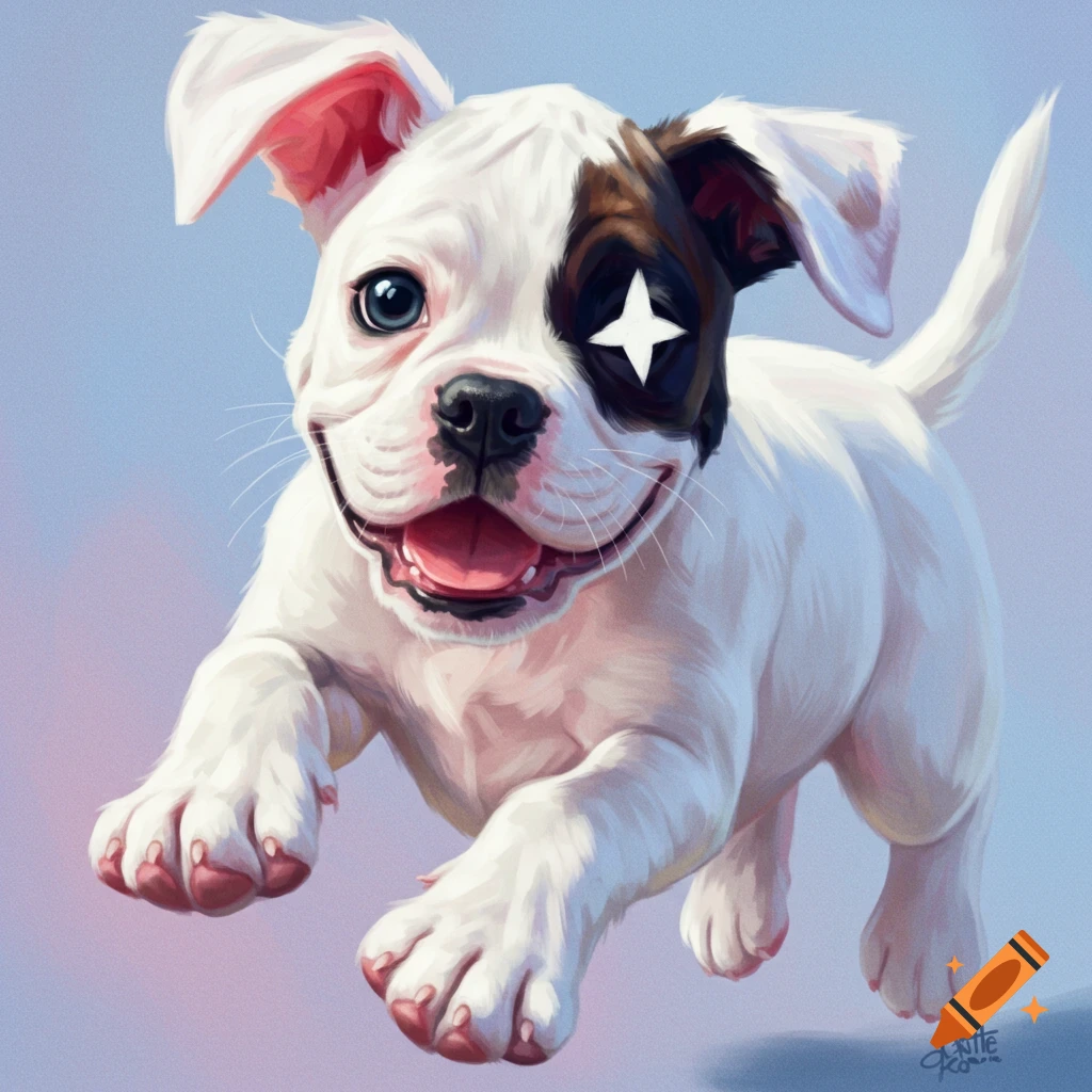 A cute white boxer puppy with a black eye patch and a star reflection, smiling and running forward against a soft blue and purple background.