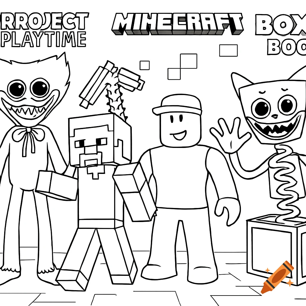 Black and white coloring page featuring Huggy Wuggy, a Minecraft character, a Roblox character, and Boxy Boo standing together.