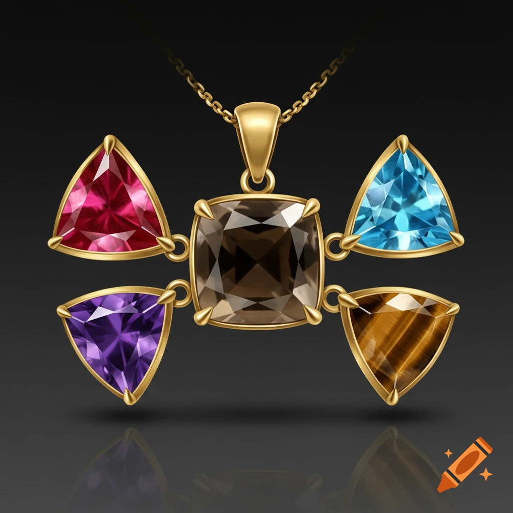 A gold pendant featuring a central square smoky quartz, surrounded by four triangle-cut gems: ruby, aquamarine, amethyst, and tiger's eye, against a dark background.