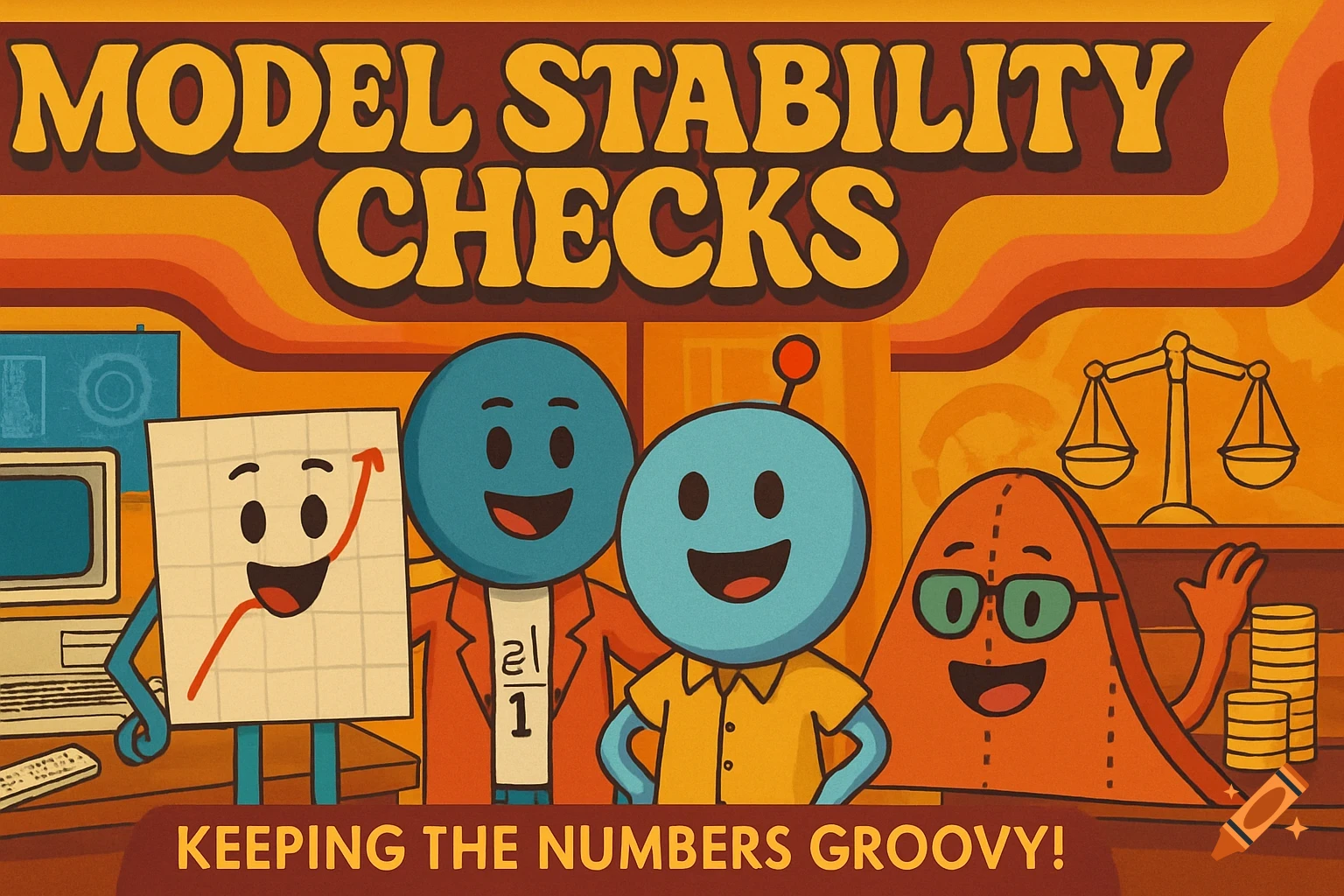 A vibrant 1970s-style poster for 'Model Stability Checks' with anthropomorphized mathematical characters in a groovy office, including a graph, an equation, and a bell curve, surrounded by retro computing equipment, a balanced scale, and coins. The tagline reads 'Keeping the Numbers Groovy!'.