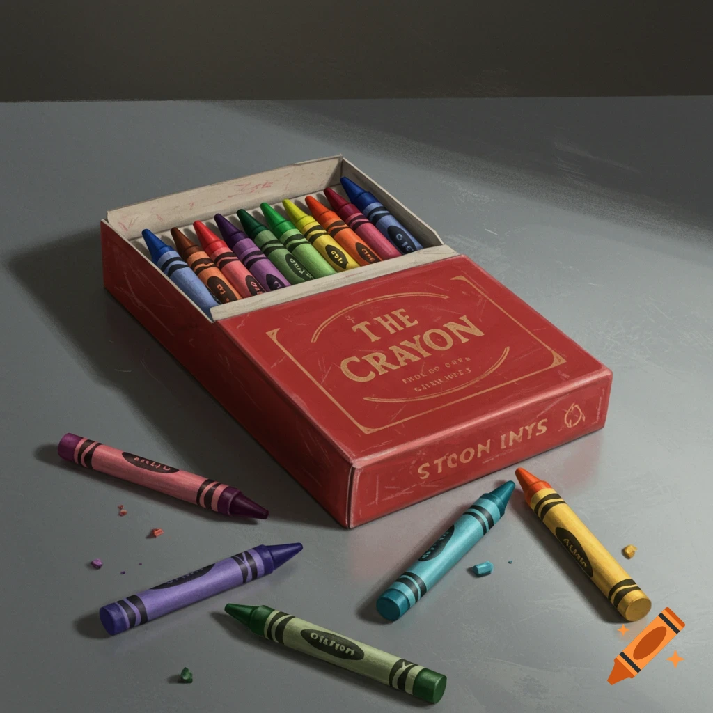 An open red box of colorful crayons on a grey table, with several crayons scattered nearby.