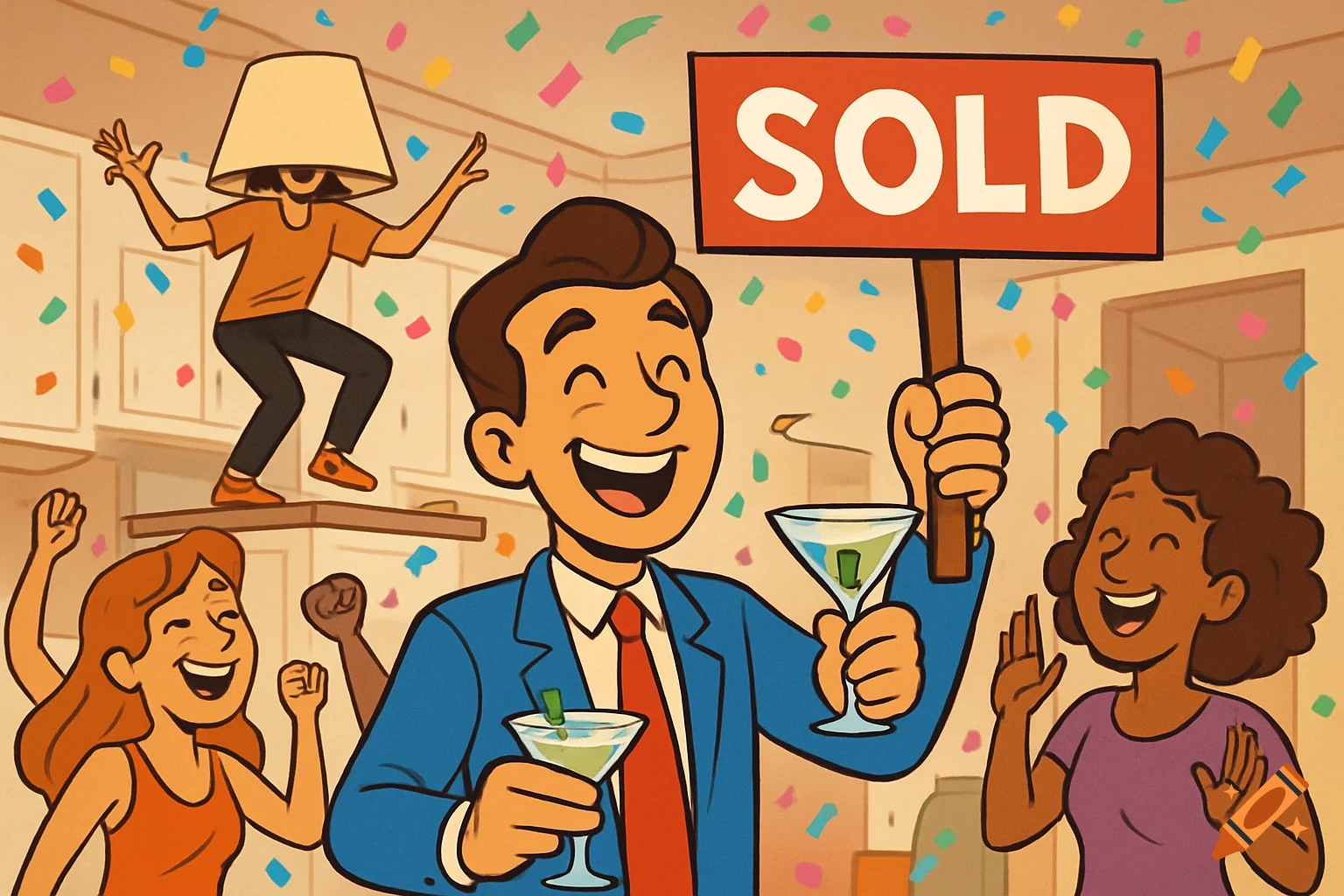Animated real estate agent holding a 'SOLD' sign and a cocktail, celebrating at a lively house party with confetti and people dancing.