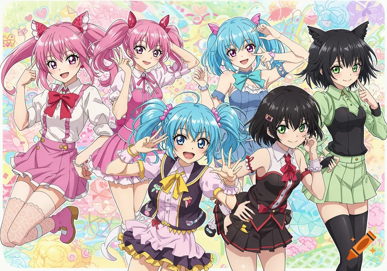 Six colorful anime girls in various cute outfits pose together against a vibrant, pastel background.