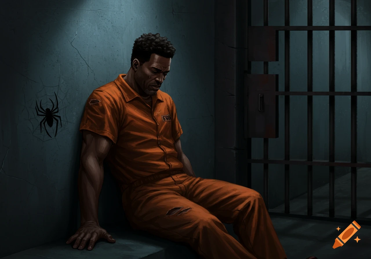 An illustration of a sad man in an orange jumpsuit sitting on a bench in a dimly lit prison cell, with a black spider drawing on the wall.