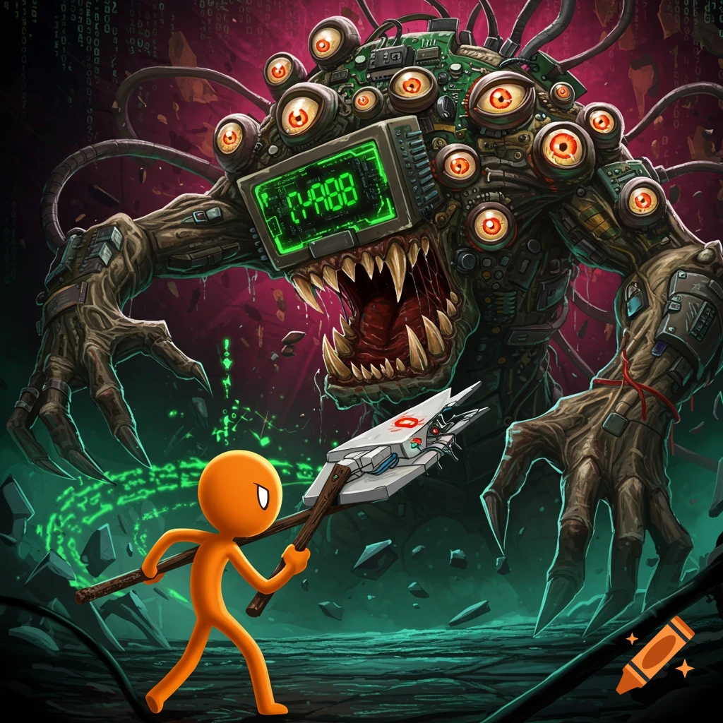 An orange stickman battles a grotesque computer monster covered in eyes ...