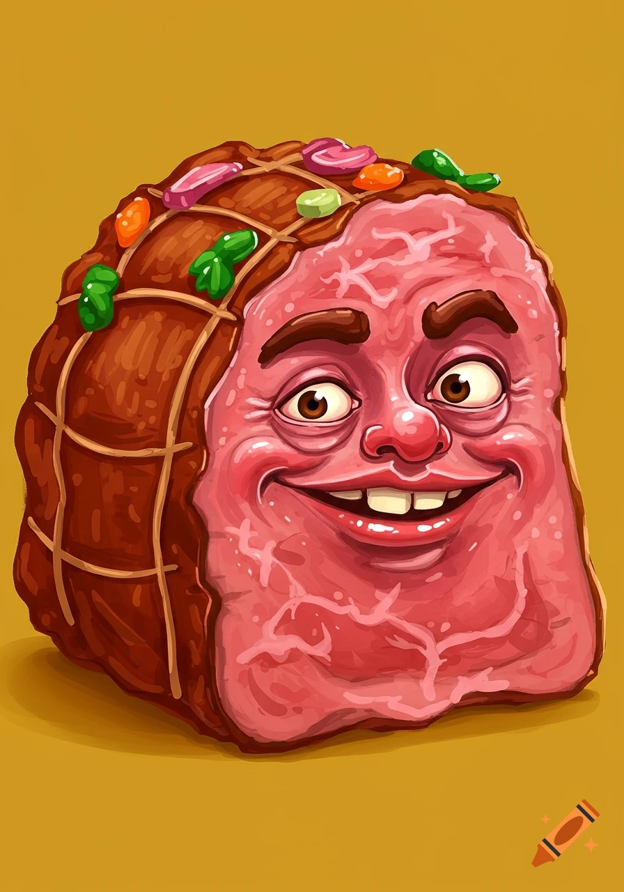 A cartoon illustration of a block of roast beef with a smiling human face, topped with colorful candies, on a yellow background.
