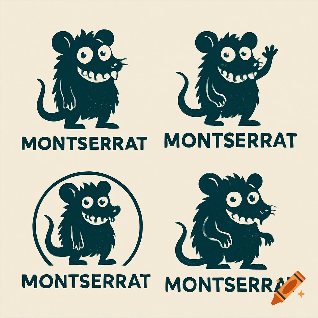 Four black silhouette cartoon monster rat logos with big eyes and sharp teeth, labeled 'MONTSERRAT' below each, on a light background.
