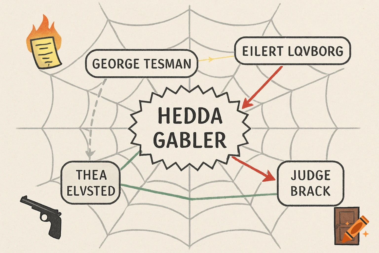 A web-like diagram for Hedda Gabler, showing character relationships with names like George Tesman and Thea Elvsted, and symbols like a burning paper, a pistol, and a closed door.