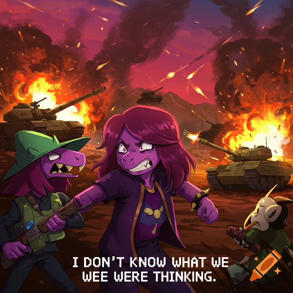 Two purple cartoon characters, one holding a rifle, stand in a war zone with tanks and explosions. Text reads, "I DON'T KNOW WHAT WE WEE WERE THINKING."
