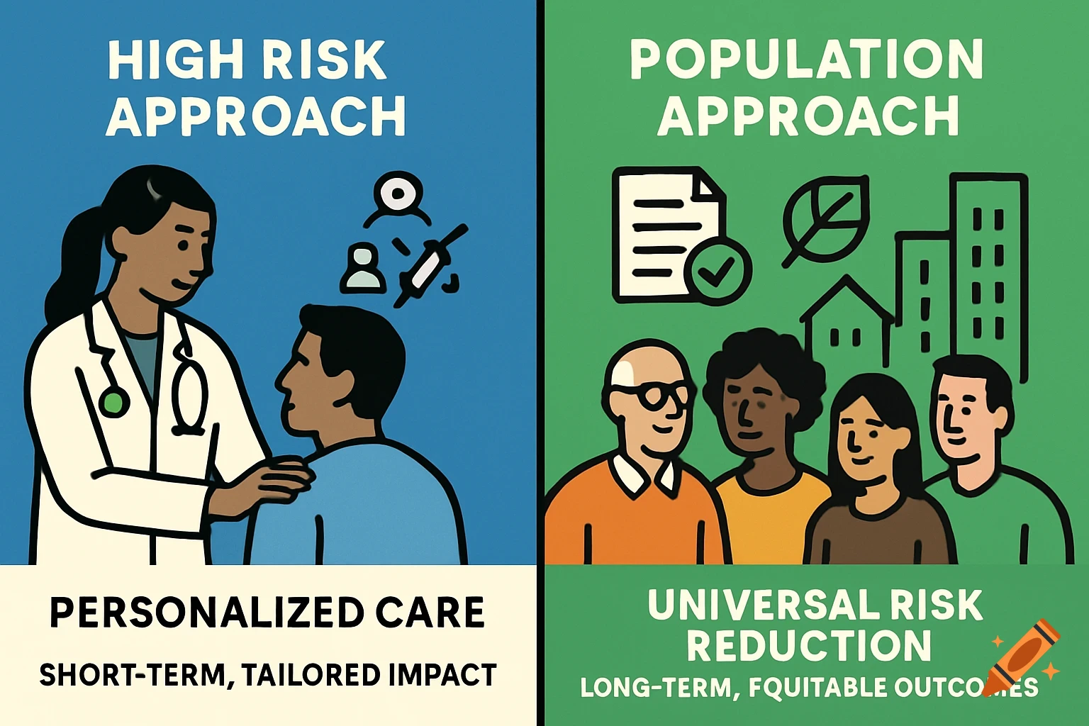 A split infographic compares 'High Risk Approach' and 'Population Approach'. Left shows a doctor with a patient and icons for personalized care. Right shows diverse people and icons for community and policy.