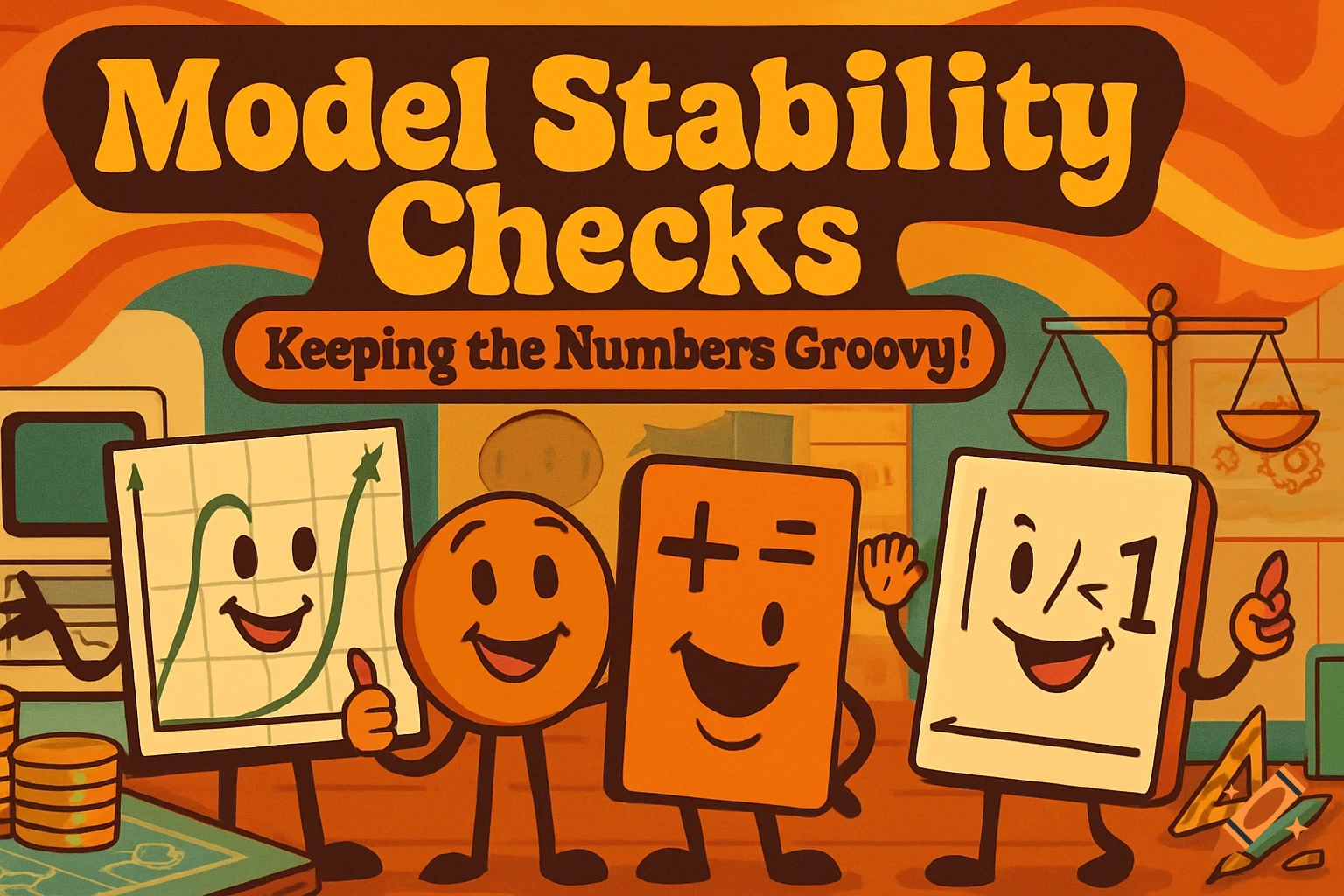 A vibrant 1970s sitcom-style poster for 'Model Stability Checks', featuring cheerful anthropomorphized math models in an office.