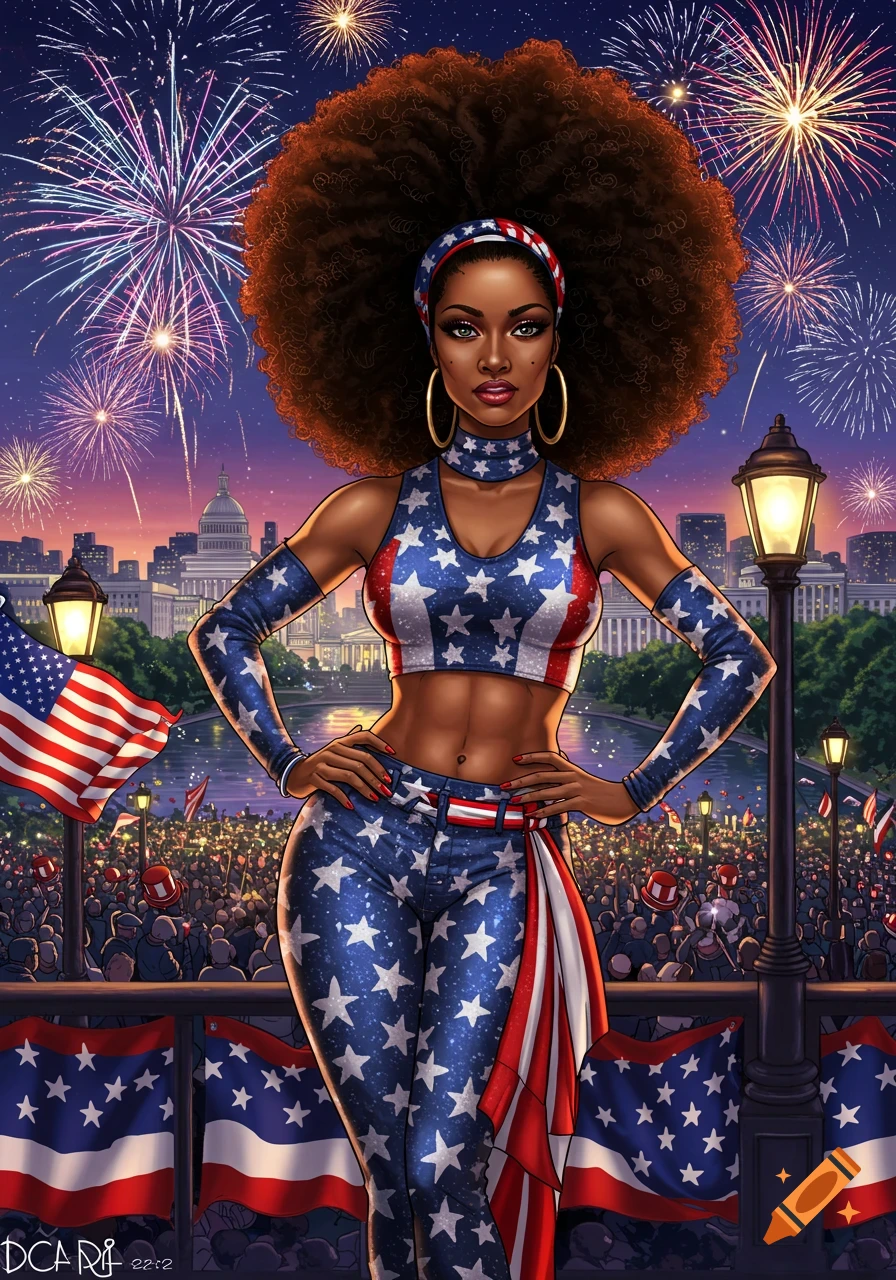 An illustration of a Black woman in a star-spangled outfit with an afro, celebrating 4th of July with fireworks over a city.