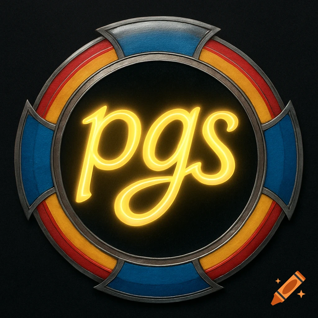 A glowing yellow 'pgs' in cursive font centered within a circular emblem with blue, orange, and red segments and a metallic frame on a dark background.