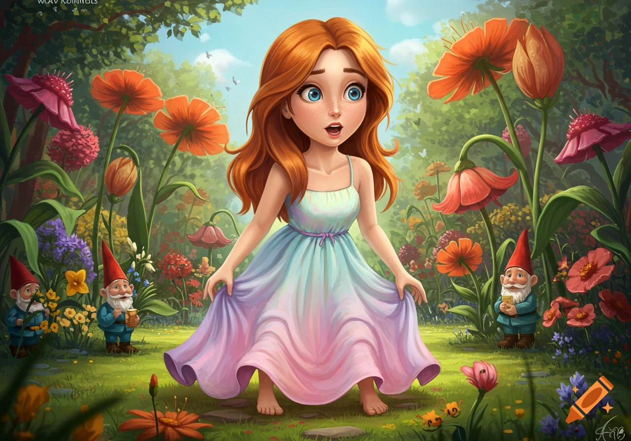 A red-haired girl in a pastel dress stands in a vibrant, oversized garden filled with large flowers and gnomes, in a children's illustration style.