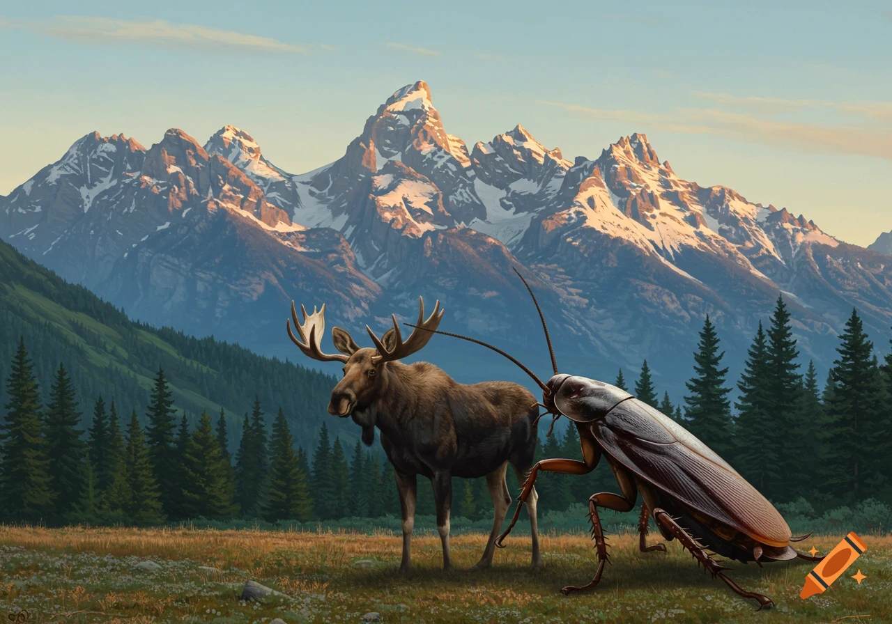 A giant cockroach stands next to a moose in a grassy mountain valley with snow-capped peaks.
