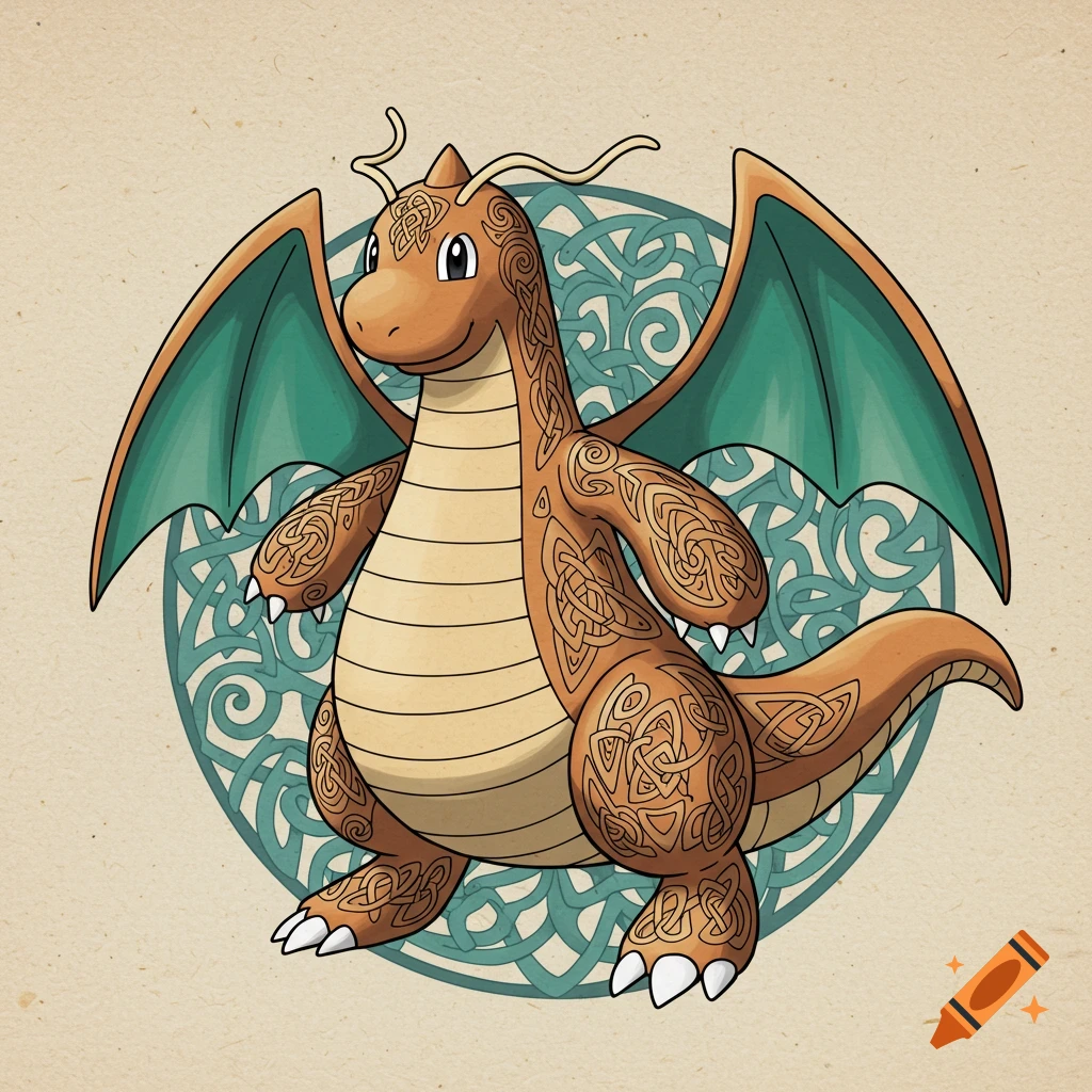 A cartoon Dragonite with Celtic knot patterns on its body stands against a circular Celtic design background.