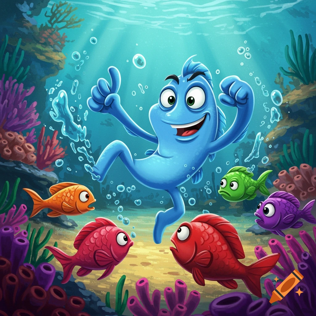 A cheerful blue cartoon fish with a thumbs-up gesture swims underwater, surrounded by astonished orange, red, green, and purple fish.