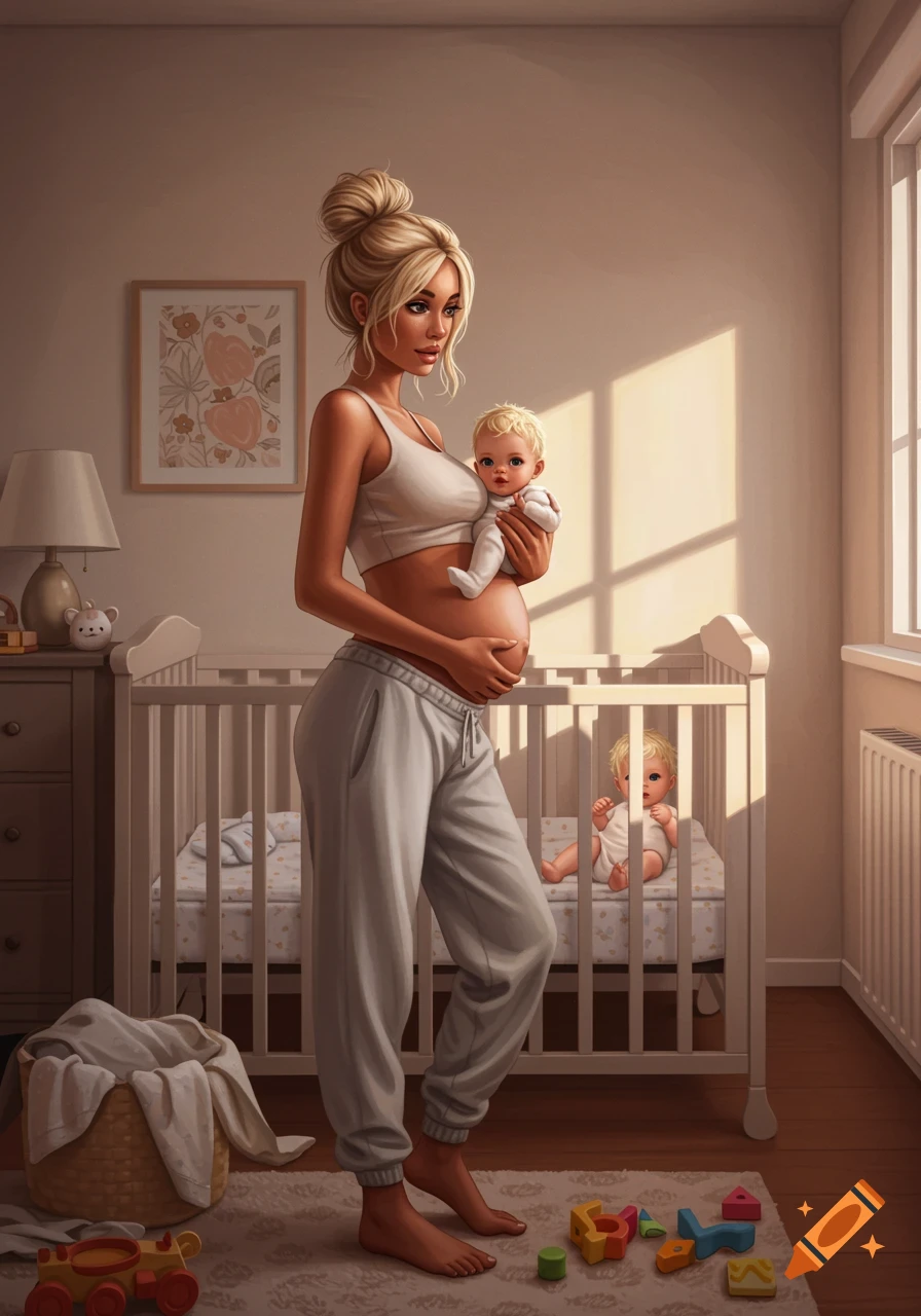 Blonde pregnant woman in crop top holds baby bump in a cozy nursery. A baby is in a crib and toys are on the floor. Photorealistic.