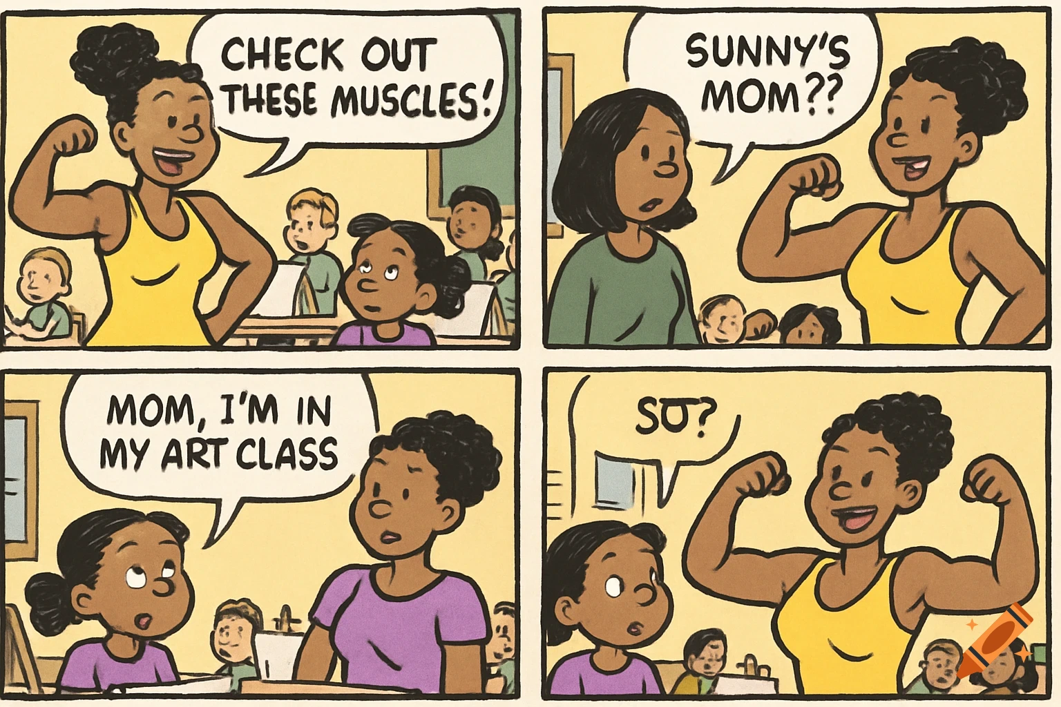 A four-panel cartoon comic strip shows a mom flexing her muscles in an art class, embarrassing her daughter.