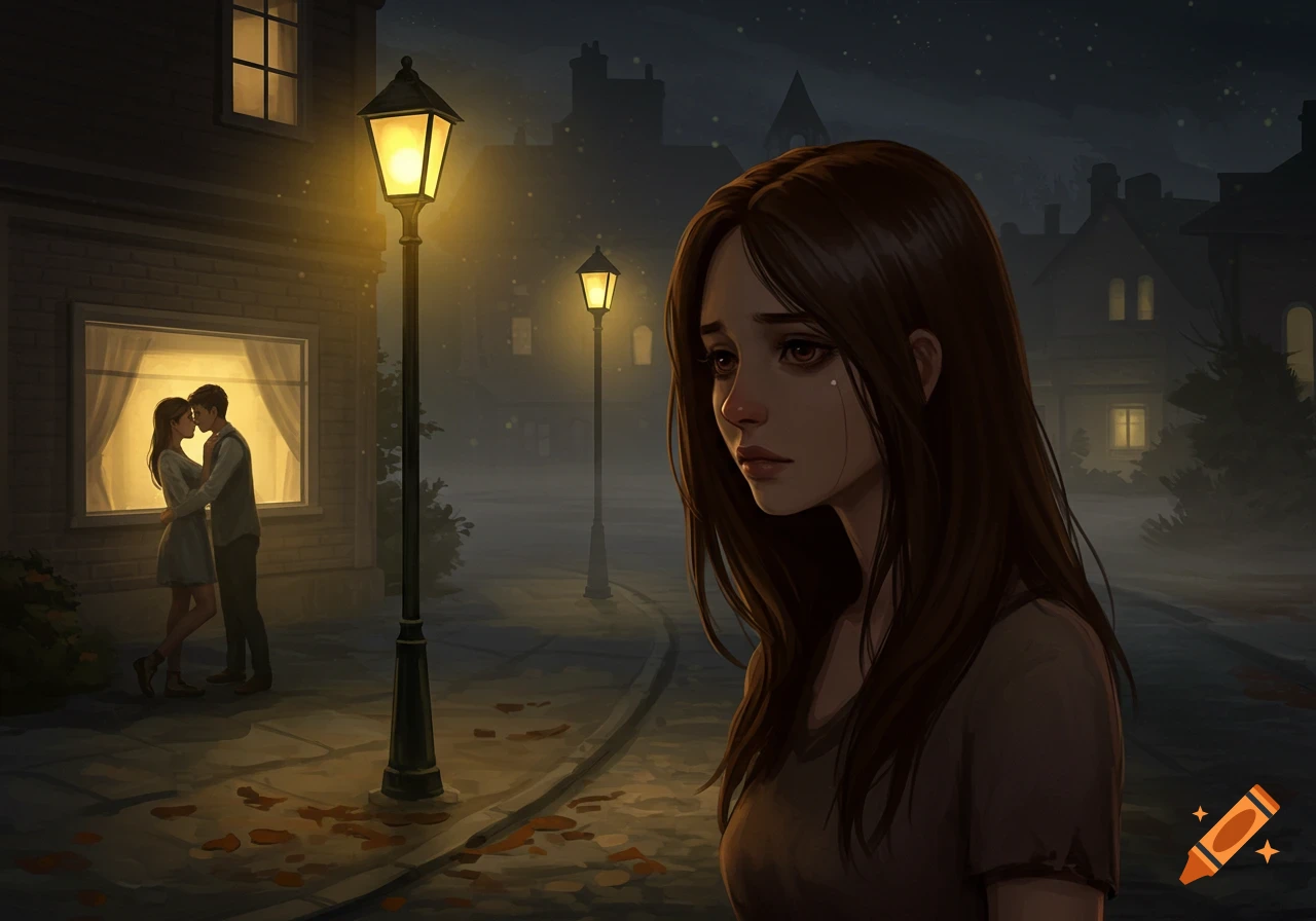 A sad woman stands on a dark street at night, looking at a couple kissing in a lighted window, digital painting.