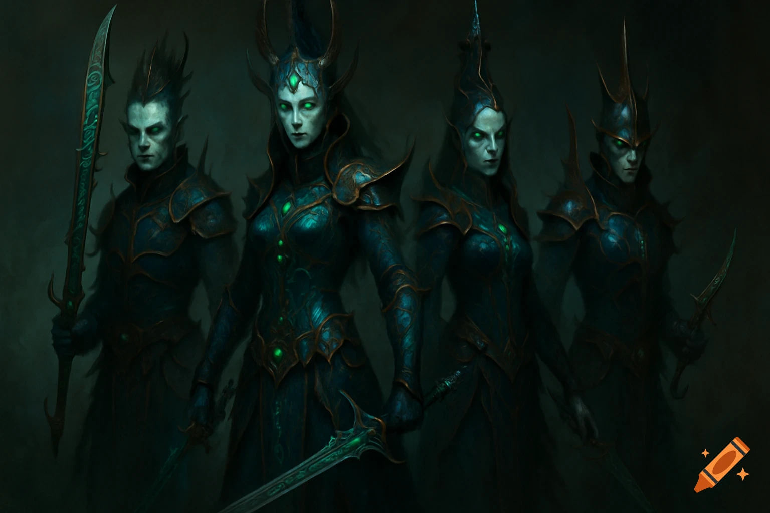 Four dark fantasy warriors with pale skin and glowing green eyes stand in ornate, dark teal and bronze armor, holding swords.